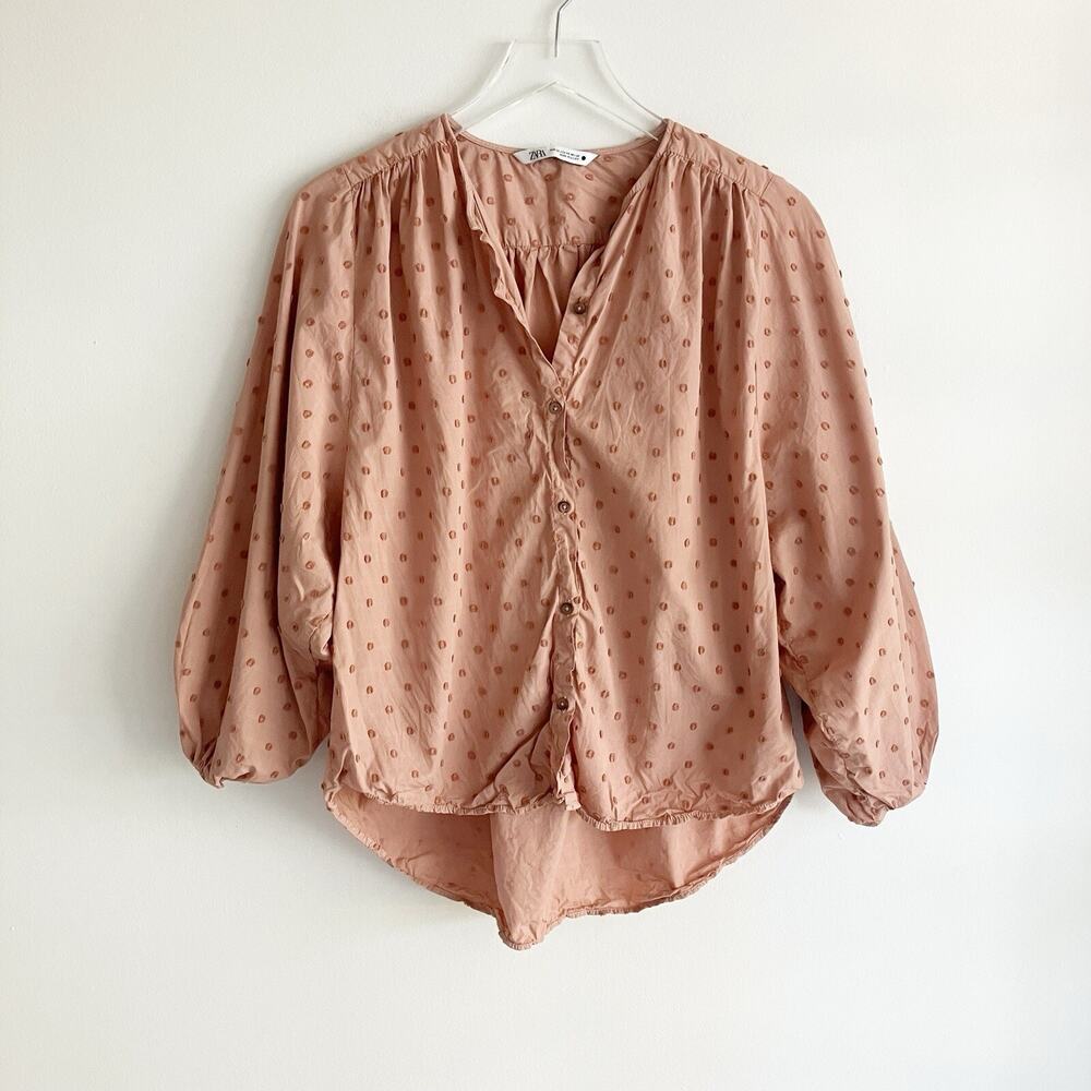 Zara XS Swiss Dot Peasant Blouse Button Orange Brown Casual Spring Summer